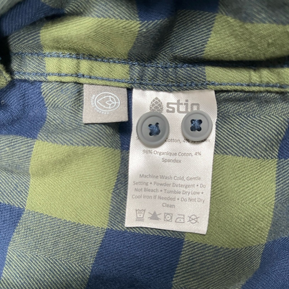 Stio Mens Medium Flannel Shirt Green Blue Buffalo Plaid Organic Cotton Stretch - Picture 9 of 9